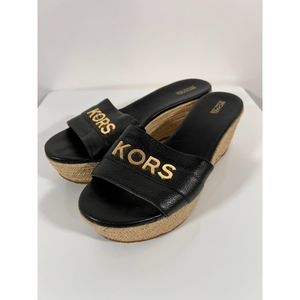 Michael Kors Brady Black Leather Platform Wedge Espadrille Slides Size 9.5